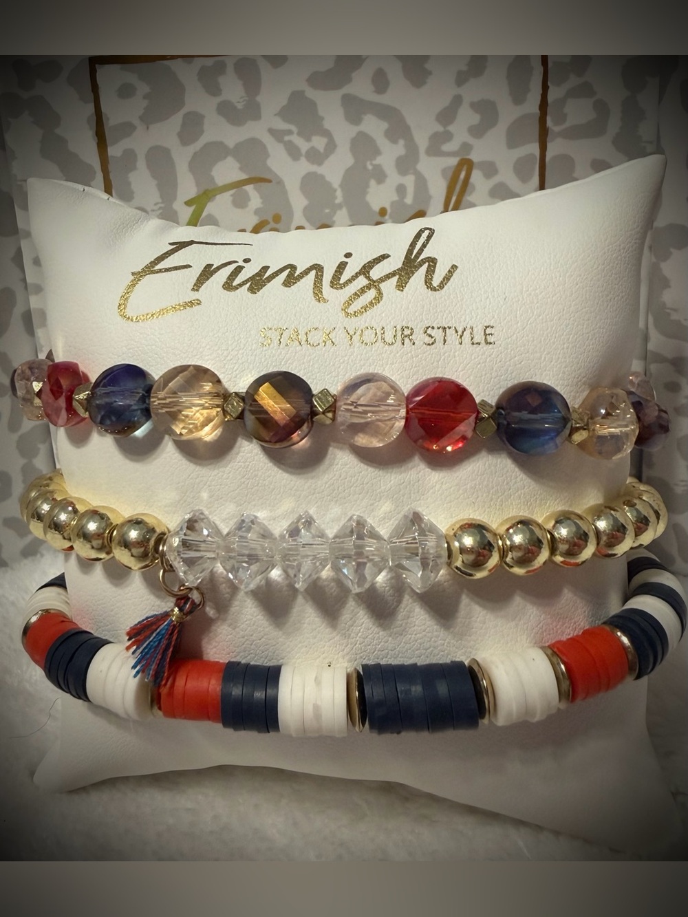 New ERIMISH Bracelets 3 pc Stack - Red, White & Navy Extended